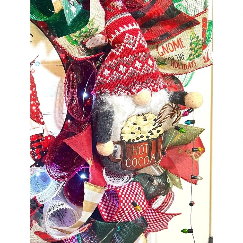 Handmade Christmas Tree Gnome Holiday Ribbon Door Wreath 22 ins W71